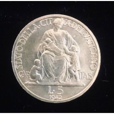 Pio XII - 1942 - 5 Lire  - Anno IV